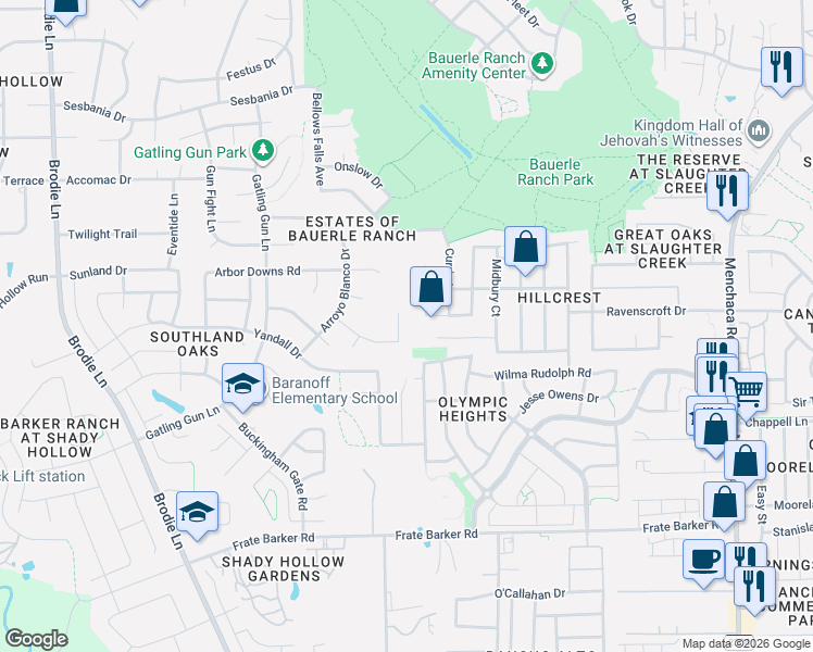 map of restaurants, bars, coffee shops, grocery stores, and more near 2601 Niemann Drive in Austin