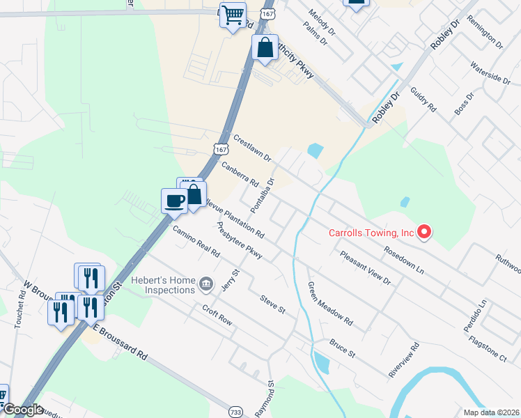 map of restaurants, bars, coffee shops, grocery stores, and more near 102 Pontalba Drive in Lafayette