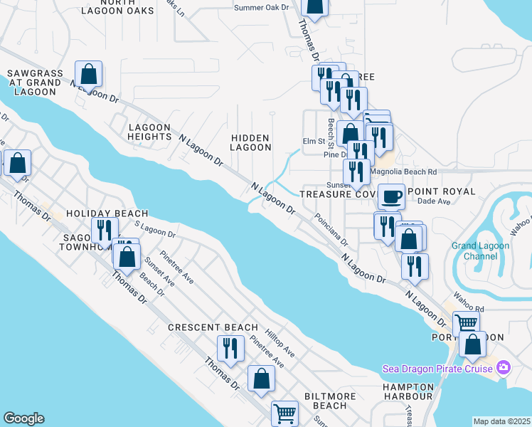 map of restaurants, bars, coffee shops, grocery stores, and more near 6545 North Lagoon Drive in Panama City Beach