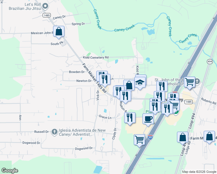 map of restaurants, bars, coffee shops, grocery stores, and more near 20141 Farm to Market 1485 in New Caney