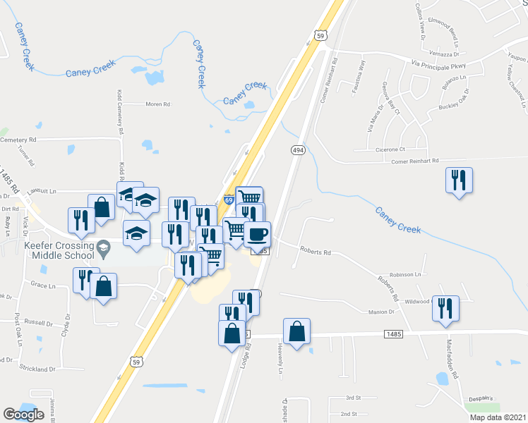 map of restaurants, bars, coffee shops, grocery stores, and more near 20000 Loop 494 in New Caney