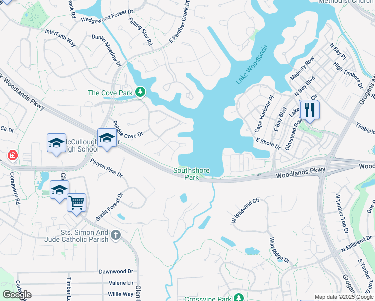 map of restaurants, bars, coffee shops, grocery stores, and more near 6 East Racing Cloud Court in Spring