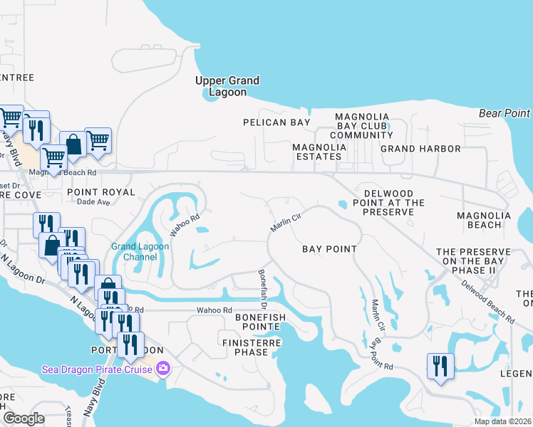 map of restaurants, bars, coffee shops, grocery stores, and more near 194 Marlin Circle in Panama City
