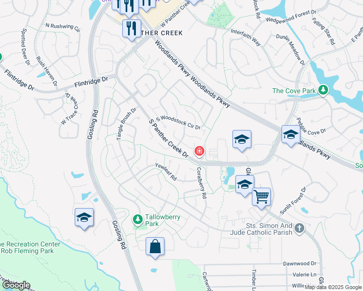 map of restaurants, bars, coffee shops, grocery stores, and more near 1 East Woodtimber Court in Spring