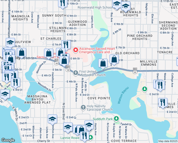 map of restaurants, bars, coffee shops, grocery stores, and more near 1101-1159 E 4th St in Panama City