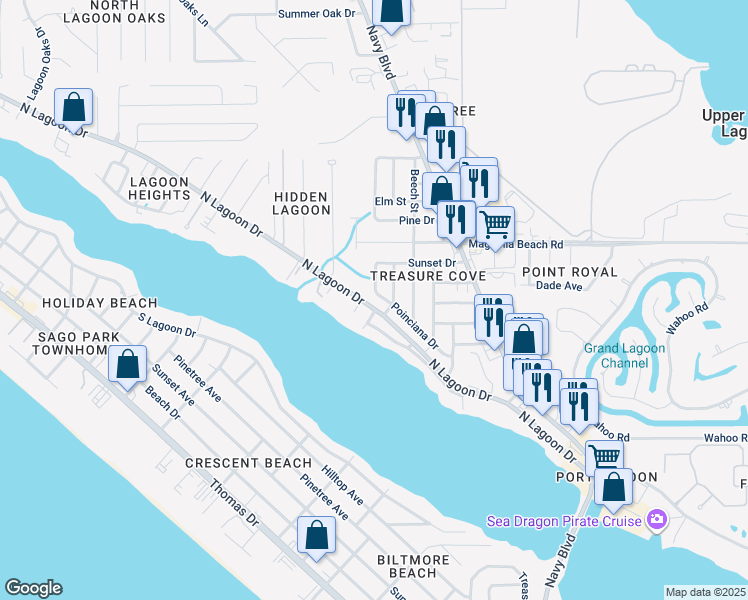 map of restaurants, bars, coffee shops, grocery stores, and more near 6511 North Lagoon Drive in Panama City