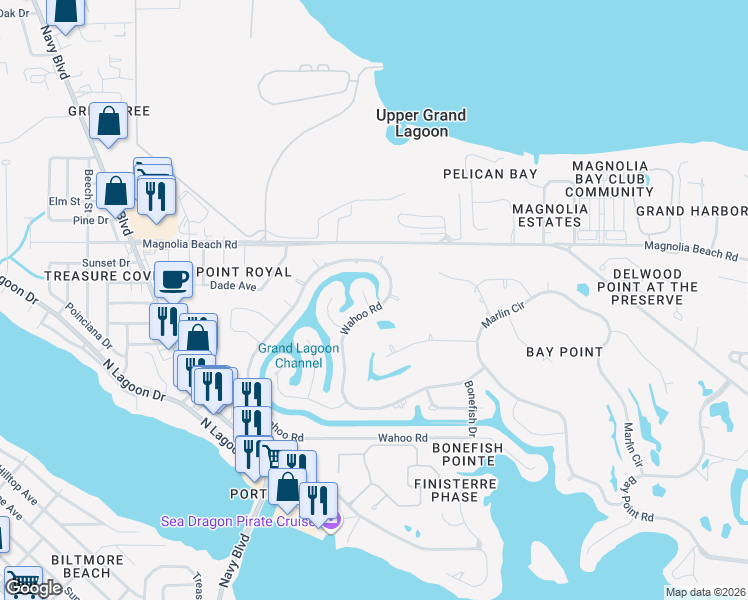 map of restaurants, bars, coffee shops, grocery stores, and more near 374 Wahoo Road in Panama City Beach
