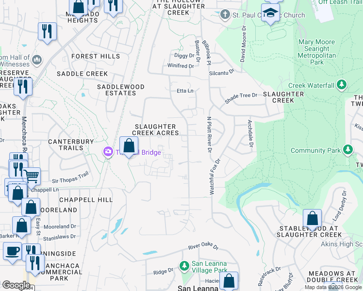 map of restaurants, bars, coffee shops, grocery stores, and more near 10900 Slaughter Creek Drive in Austin