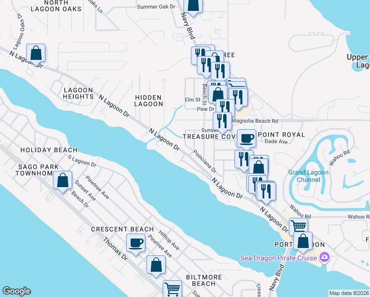map of restaurants, bars, coffee shops, grocery stores, and more near 6511 North Lagoon Drive in Panama City