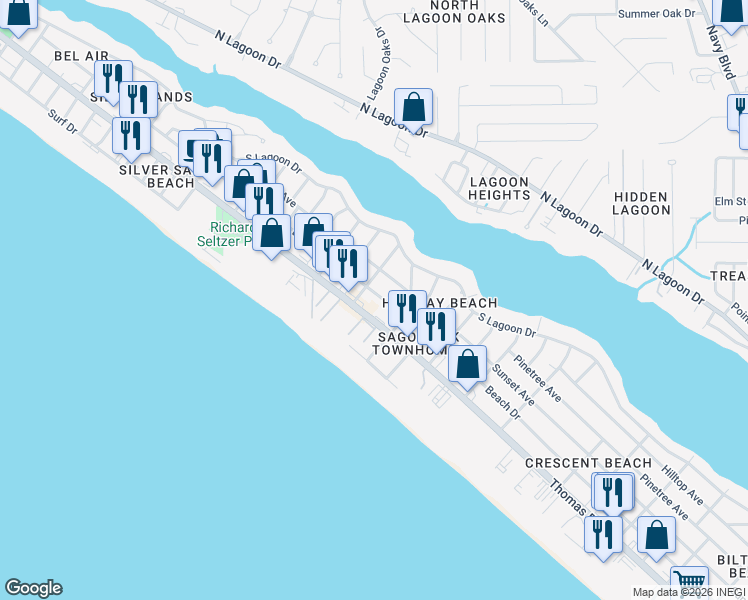map of restaurants, bars, coffee shops, grocery stores, and more near 6812 Thomas Drive in Panama City Beach