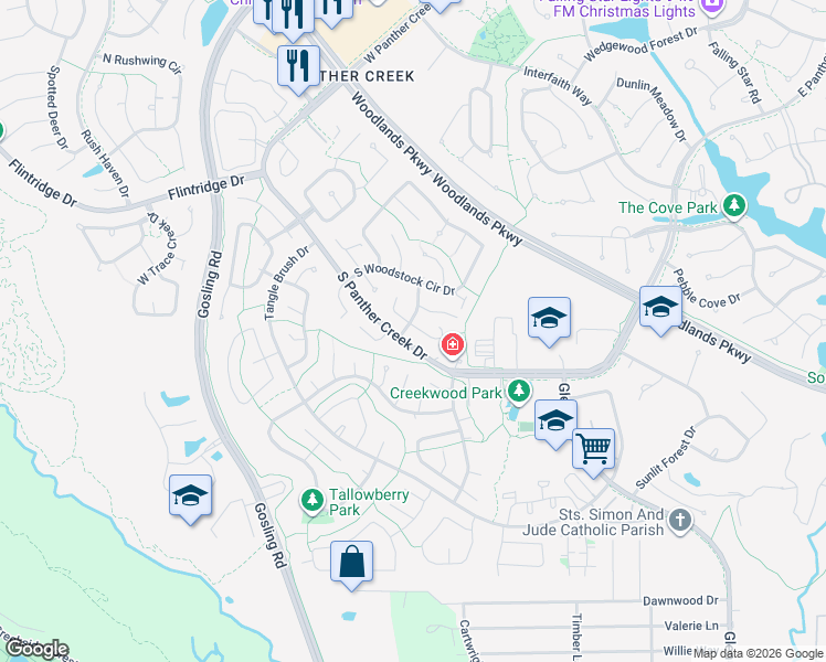 map of restaurants, bars, coffee shops, grocery stores, and more near 14 Basal Briar Court in Spring