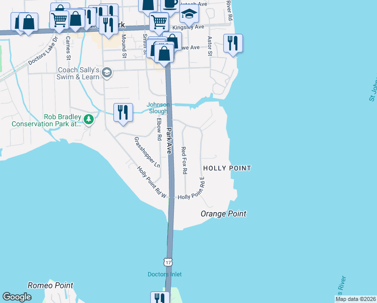 map of restaurants, bars, coffee shops, grocery stores, and more near 2637 Red Fox Road in Orange Park