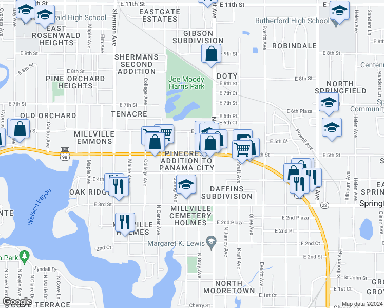 map of restaurants, bars, coffee shops, grocery stores, and more near 2501 East Highway 98 in Panama City