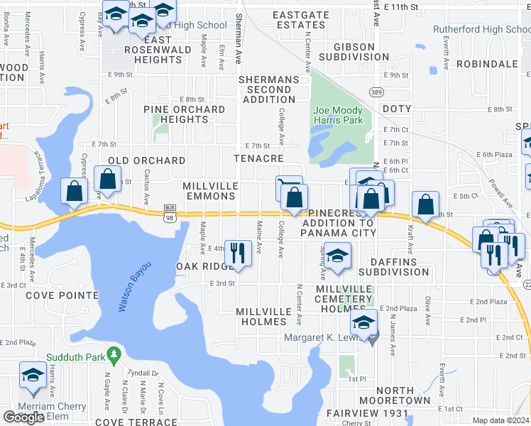 map of restaurants, bars, coffee shops, grocery stores, and more near 2111 East Highway 98 in Panama City