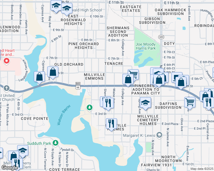 map of restaurants, bars, coffee shops, grocery stores, and more near 2115 Florida 30 in Panama City