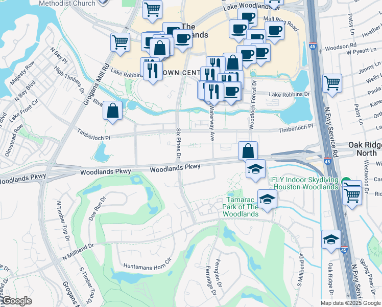 map of restaurants, bars, coffee shops, grocery stores, and more near 10100 Six Pines Drive in The Woodlands