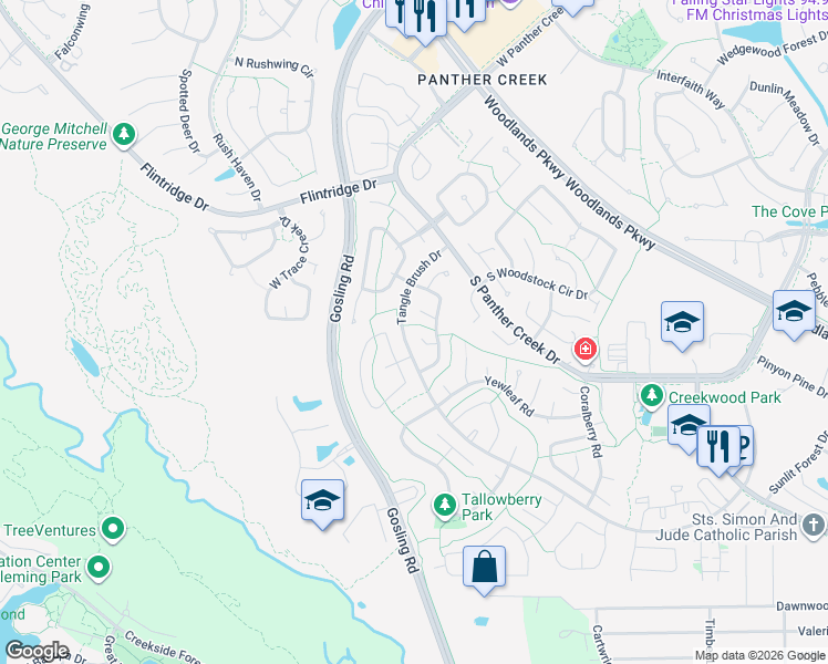 map of restaurants, bars, coffee shops, grocery stores, and more near 9 Goldthread Court in Spring