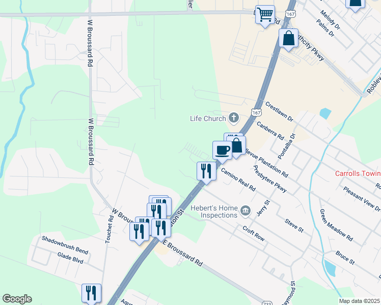 map of restaurants, bars, coffee shops, grocery stores, and more near 6500 Johnston Street in Lafayette