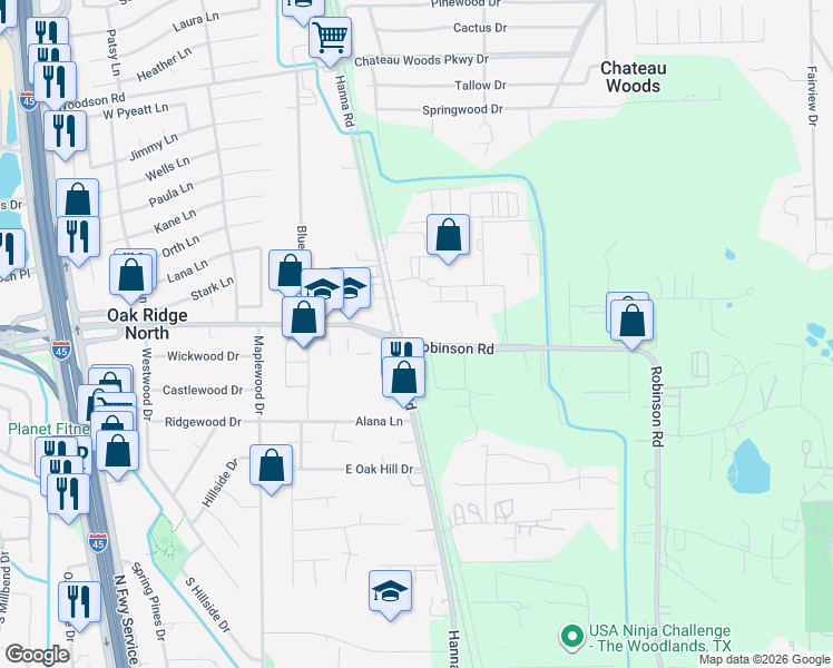 map of restaurants, bars, coffee shops, grocery stores, and more near 27041 Hanna Road in Conroe