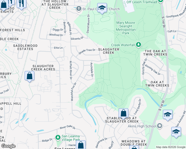 map of restaurants, bars, coffee shops, grocery stores, and more near 10600 Archdale Drive in Austin