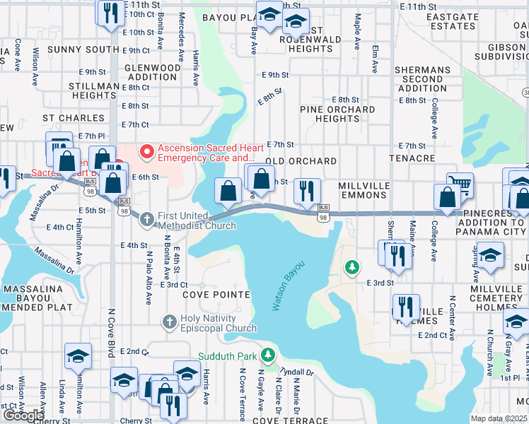 map of restaurants, bars, coffee shops, grocery stores, and more near 1320 East 5th Street in Panama City