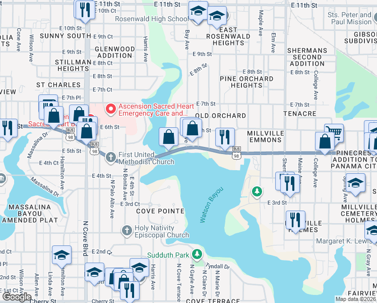 map of restaurants, bars, coffee shops, grocery stores, and more near 469 Williams Avenue in Panama City