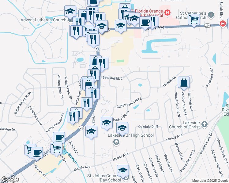 map of restaurants, bars, coffee shops, grocery stores, and more near 586 Rockingham Road in Orange Park