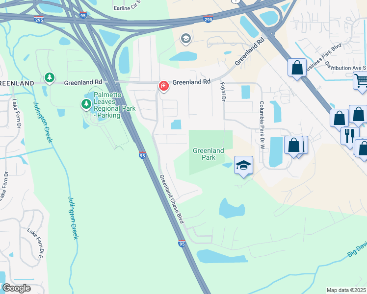 map of restaurants, bars, coffee shops, grocery stores, and more near 6298 Pendragon PIace in Jacksonville