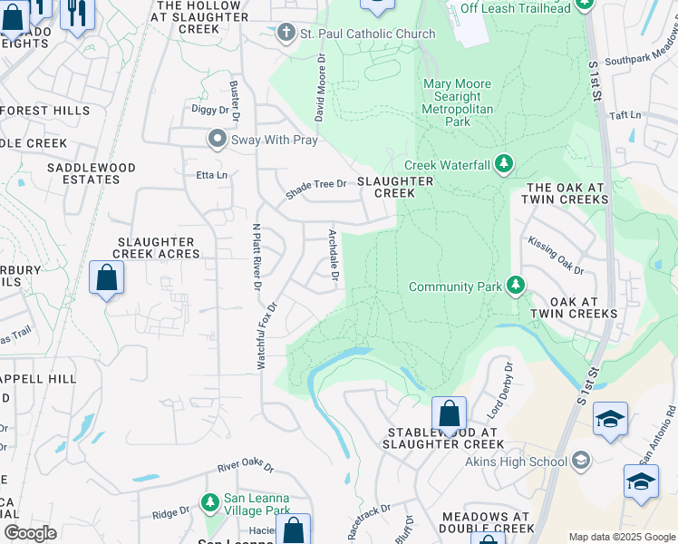 map of restaurants, bars, coffee shops, grocery stores, and more near 10600 Archdale Drive in Austin