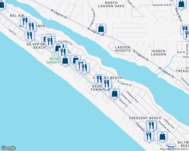 map of restaurants, bars, coffee shops, grocery stores, and more near 4010 Upas Street in Panama City Beach