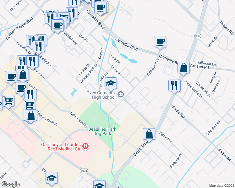map of restaurants, bars, coffee shops, grocery stores, and more near 100 West Bluebird Drive in Lafayette