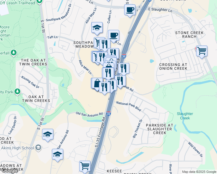 map of restaurants, bars, coffee shops, grocery stores, and more near 9808 South Interstate 35 Frontage Road in Austin