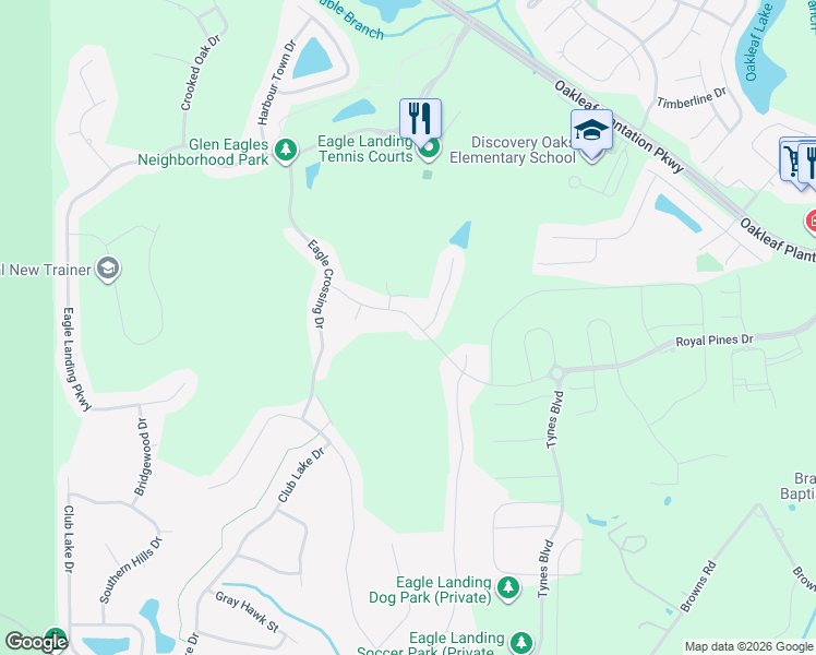 map of restaurants, bars, coffee shops, grocery stores, and more near 3945 Royal Pines Drive in Orange Park