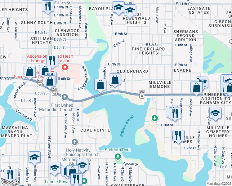 map of restaurants, bars, coffee shops, grocery stores, and more near 469 Williams Avenue in Panama City