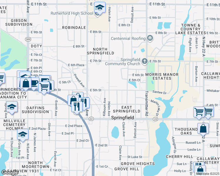 map of restaurants, bars, coffee shops, grocery stores, and more near 3607 East 5th Street in Panama City