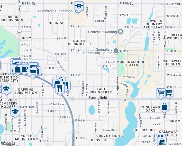 map of restaurants, bars, coffee shops, grocery stores, and more near 3607 East 5th Street in Panama City