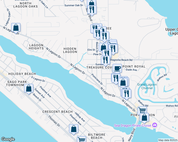 map of restaurants, bars, coffee shops, grocery stores, and more near 7220 Poinciana Drive in Panama City