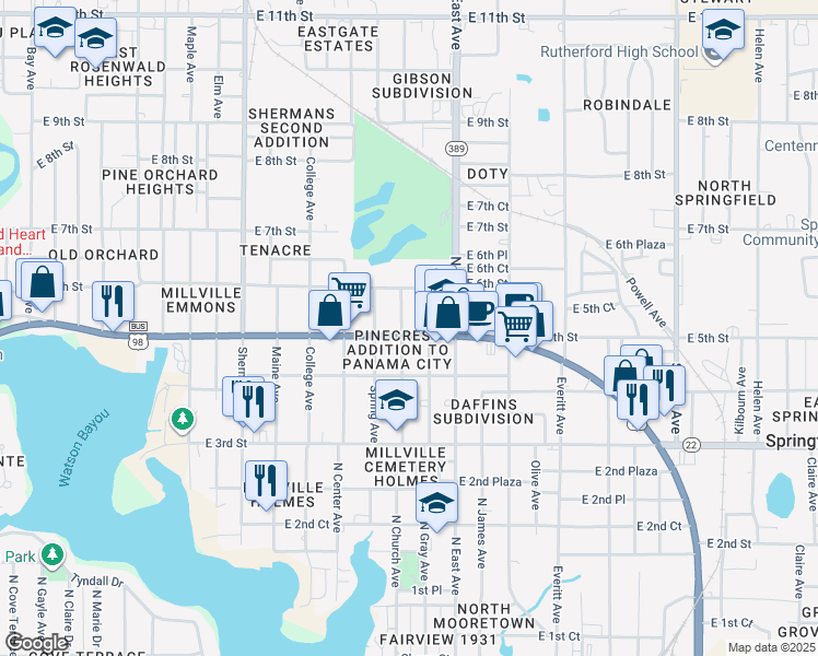 map of restaurants, bars, coffee shops, grocery stores, and more near 2501 East 5th Street in Panama City