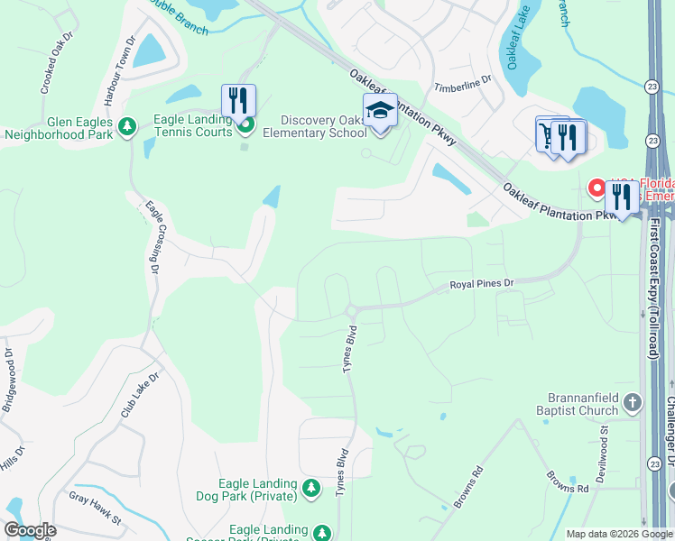 map of restaurants, bars, coffee shops, grocery stores, and more near 891 Quiet Stone Lane in Orange Park