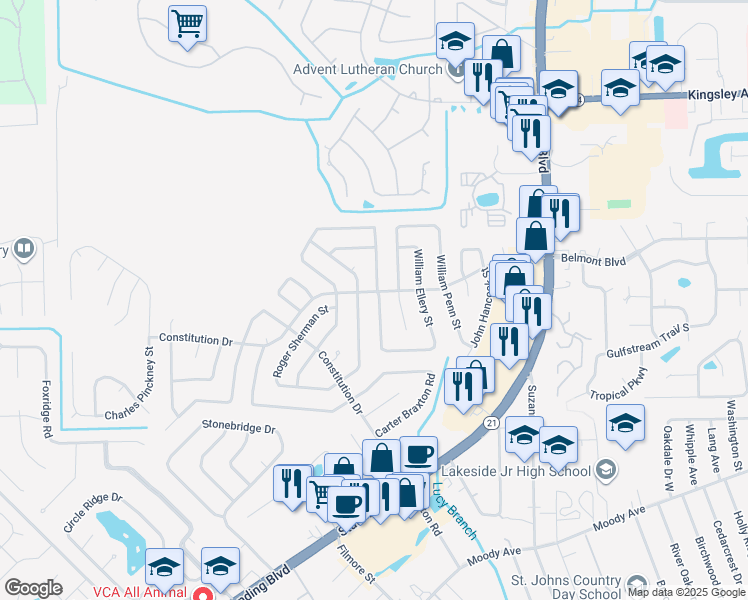 map of restaurants, bars, coffee shops, grocery stores, and more near 2209 Constitution Drive in Orange Park