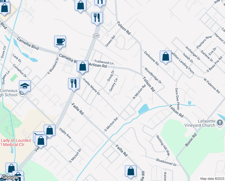 map of restaurants, bars, coffee shops, grocery stores, and more near 104 Gentry Circle in Lafayette