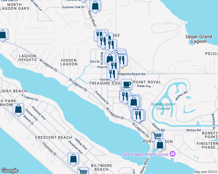 map of restaurants, bars, coffee shops, grocery stores, and more near 6210 East Azalea Avenue in Panama City
