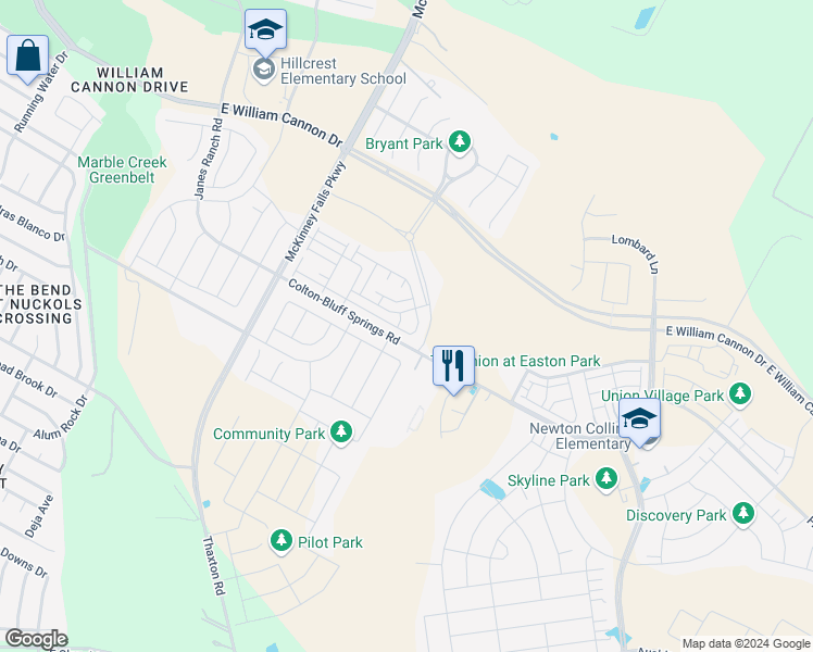 map of restaurants, bars, coffee shops, grocery stores, and more near 7418 Harmony Shoals Bend in Austin