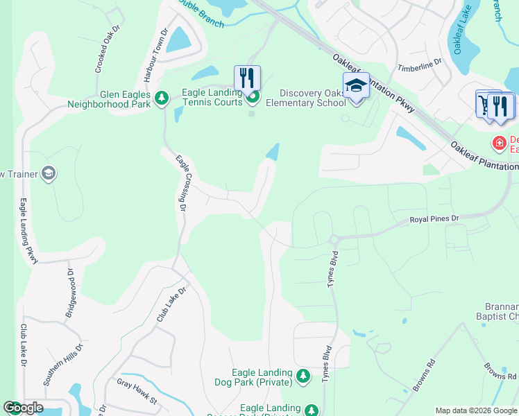 map of restaurants, bars, coffee shops, grocery stores, and more near 1487 Shadow Creek Drive in Orange Park