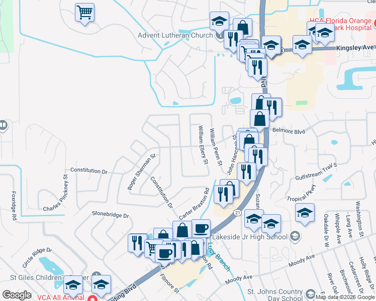 map of restaurants, bars, coffee shops, grocery stores, and more near 2199 Constitution Drive in Orange Park