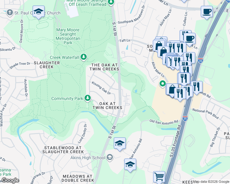 map of restaurants, bars, coffee shops, grocery stores, and more near 216 Kissing Oak Drive in Austin