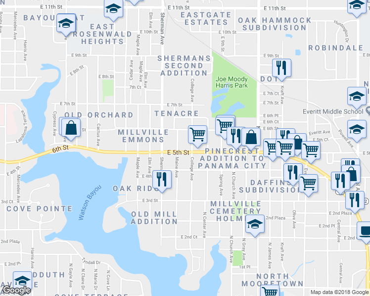 map of restaurants, bars, coffee shops, grocery stores, and more near 2115 Florida 30 in Panama City