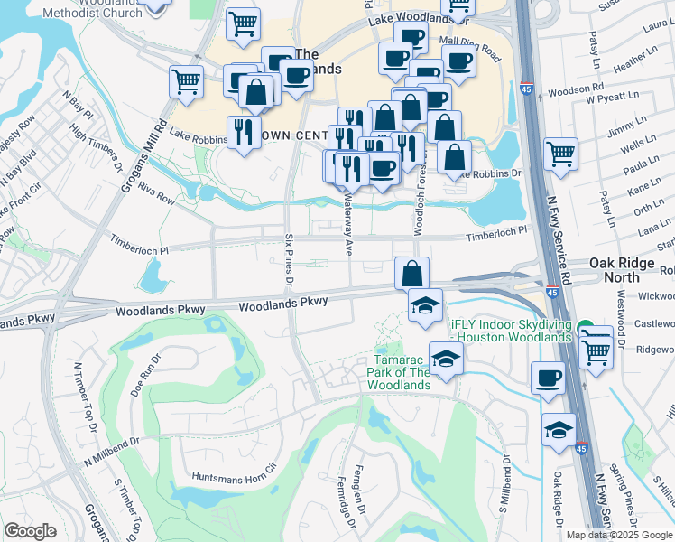 map of restaurants, bars, coffee shops, grocery stores, and more near 1 Waterway Avenue in The Woodlands