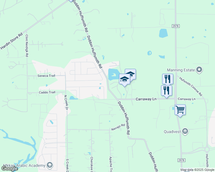 map of restaurants, bars, coffee shops, grocery stores, and more near 27617 Dobbin-Huffsmith Road in Magnolia
