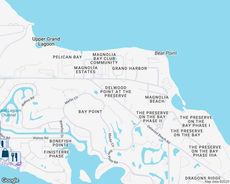 map of restaurants, bars, coffee shops, grocery stores, and more near 4627 Delwood Park Boulevard in Panama City Beach